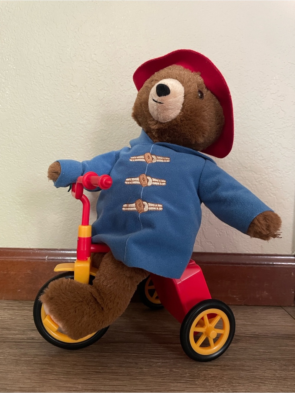 Rare Paddington Bear Plush with Blue Coat and Red Hat riding a bike